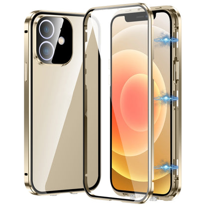 For iPhone 12 Magnetic Double-buckle HD Tempered Glass Phone Case(Gold) - iPhone 12 / 12 Pro Cases by buy2fix | Online Shopping UK | buy2fix