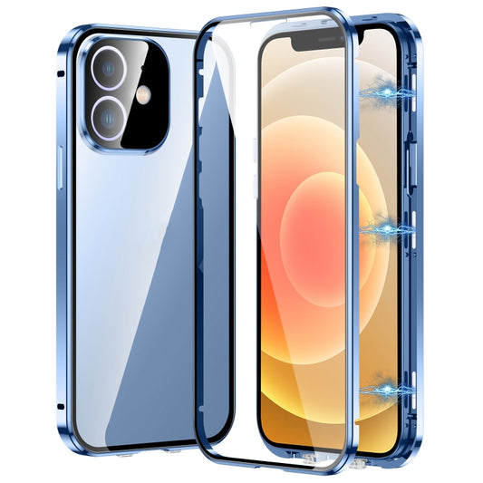 For iPhone 12 Magnetic Double-buckle HD Tempered Glass Phone Case(Blue) - iPhone 12 / 12 Pro Cases by buy2fix | Online Shopping UK | buy2fix