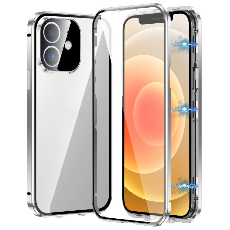 For iPhone 12 Magnetic Double-buckle HD Tempered Glass Phone Case(Silver) - iPhone 12 / 12 Pro Cases by buy2fix | Online Shopping UK | buy2fix