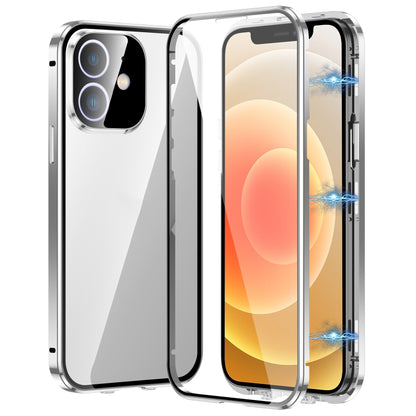 For iPhone 12 Magnetic Double-buckle HD Tempered Glass Phone Case(Silver) - iPhone 12 / 12 Pro Cases by buy2fix | Online Shopping UK | buy2fix
