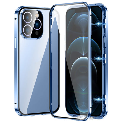 For iPhone 12 Pro Magnetic Double-buckle HD Tempered Glass Phone Case(Blue) - iPhone 12 / 12 Pro Cases by buy2fix | Online Shopping UK | buy2fix
