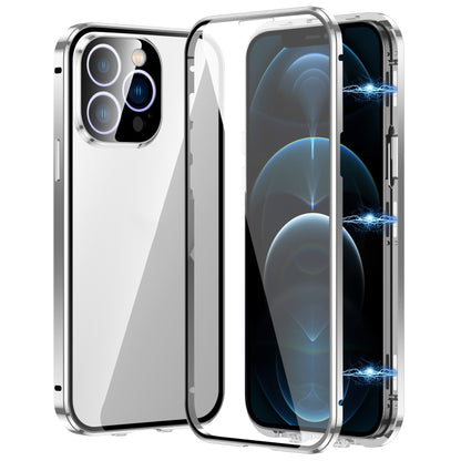 For iPhone 12 Pro Magnetic Double-buckle HD Tempered Glass Phone Case(Silver) - iPhone 12 / 12 Pro Cases by buy2fix | Online Shopping UK | buy2fix