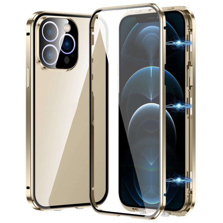 For iPhone 12 Pro Max Magnetic Double-buckle HD Tempered Glass Phone Case(Gold) - iPhone 12 Pro Max Cases by buy2fix | Online Shopping UK | buy2fix