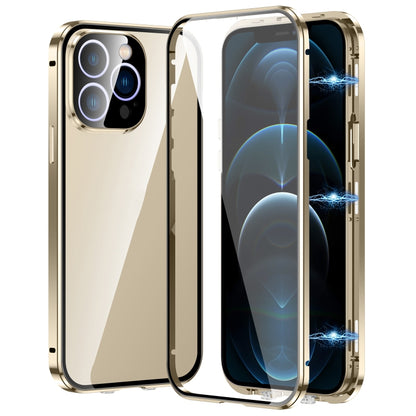 For iPhone 12 Pro Max Magnetic Double-buckle HD Tempered Glass Phone Case(Gold) - iPhone 12 Pro Max Cases by buy2fix | Online Shopping UK | buy2fix