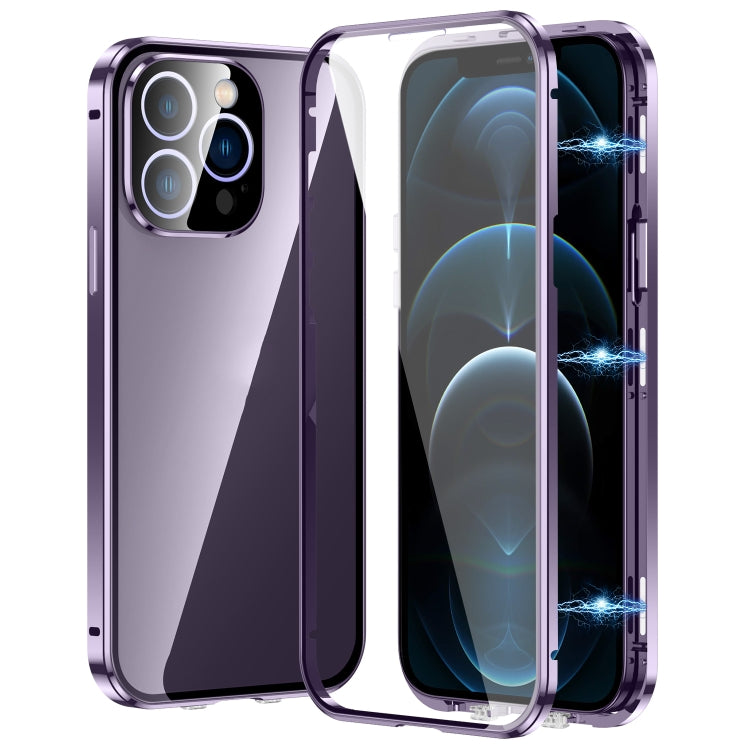 For iPhone 12 Pro Max Magnetic Double-buckle HD Tempered Glass Phone Case(Purple) - iPhone 12 Pro Max Cases by buy2fix | Online Shopping UK | buy2fix