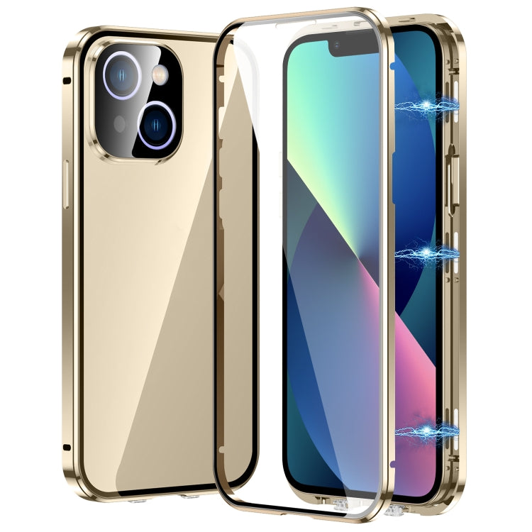 For iPhone 13 Magnetic Double-buckle HD Tempered Glass Phone Case(Gold) - iPhone 13 Cases by buy2fix | Online Shopping UK | buy2fix
