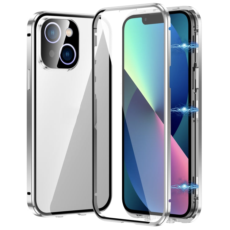 For iPhone 13 Magnetic Double-buckle HD Tempered Glass Phone Case(Silver) - iPhone 13 Cases by buy2fix | Online Shopping UK | buy2fix