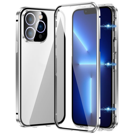 For iPhone 13 Pro Magnetic Double-buckle HD Tempered Glass Phone Case(Silver) - iPhone 13 Pro Cases by buy2fix | Online Shopping UK | buy2fix