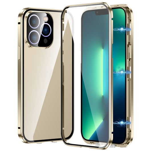 For iPhone 13 Pro Max Magnetic Double-buckle HD Tempered Glass Phone Case(Gold) - iPhone 13 Pro Max Cases by buy2fix | Online Shopping UK | buy2fix