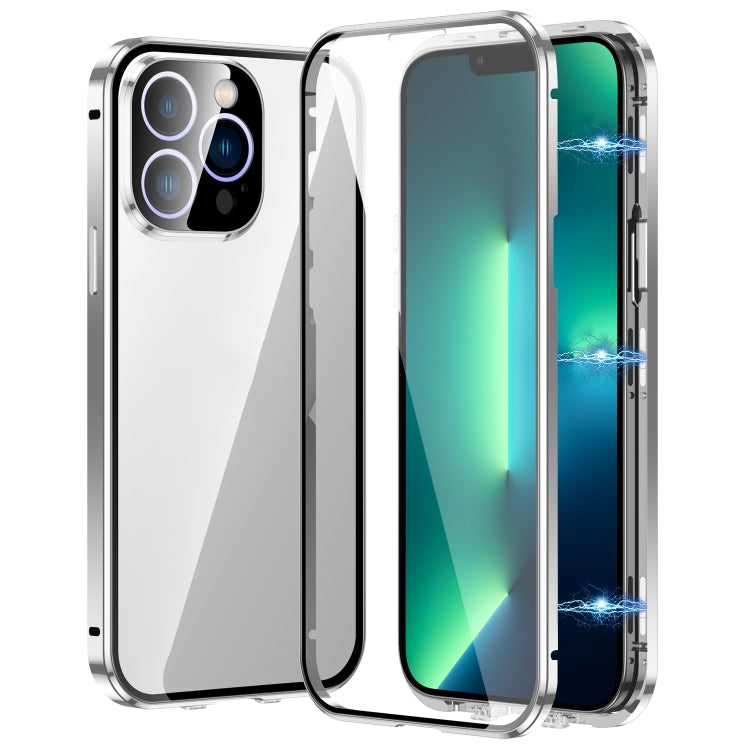 For iPhone 13 Pro Max Magnetic Double-buckle HD Tempered Glass Phone Case(Silver) - iPhone 13 Pro Max Cases by buy2fix | Online Shopping UK | buy2fix