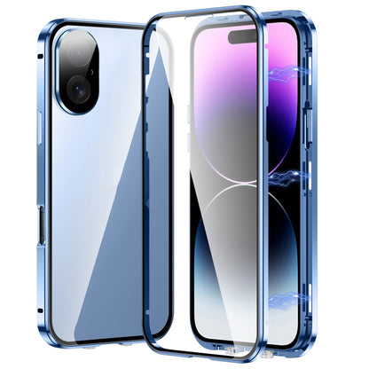 For iPhone 16 Plus Magnetic Double-buckle HD Tempered Glass Phone Case(Blue) by buy2fix