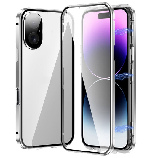 For iPhone 16 Plus Magnetic Double-buckle HD Tempered Glass Phone Case(Silver) by buy2fix