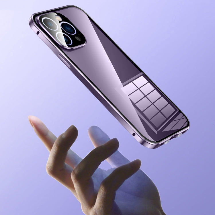 For iPhone 12 Magnetic Double-buckle HD Tempered Glass Phone Case(Purple) - iPhone 12 / 12 Pro Cases by buy2fix | Online Shopping UK | buy2fix