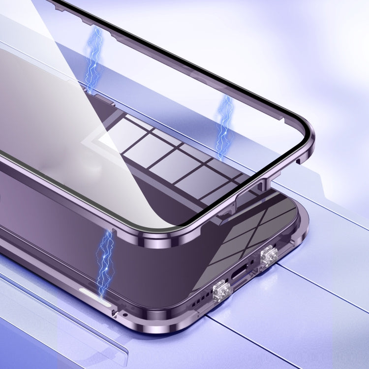 For iPhone 12 Magnetic Double-buckle HD Tempered Glass Phone Case(Purple) - iPhone 12 / 12 Pro Cases by buy2fix | Online Shopping UK | buy2fix