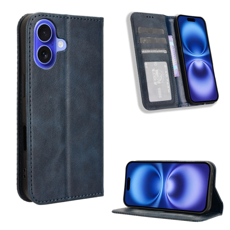 For iPhone 16 Plus Magnetic Buckle Retro Texture Leather Phone Case(Blue) by buy2fix