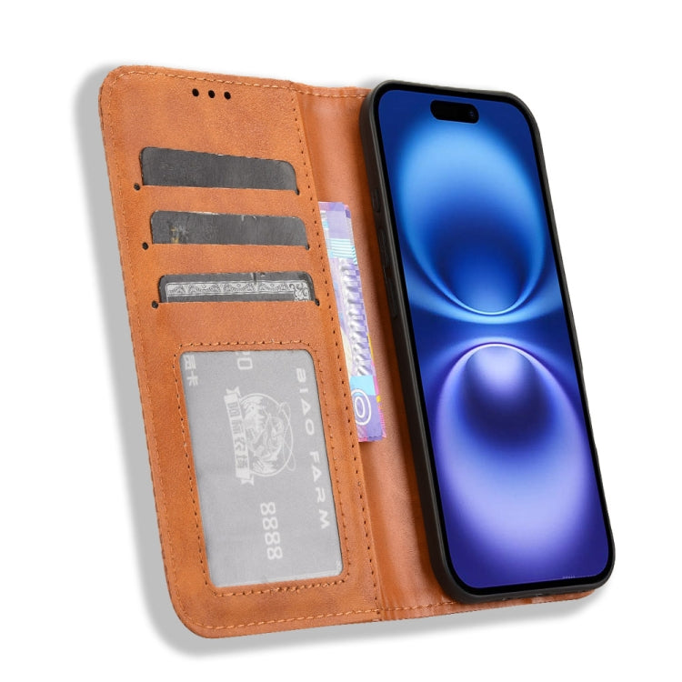For iPhone 16 Plus Magnetic Buckle Retro Texture Leather Phone Case(Brown) by buy2fix