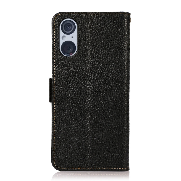 For Sony Xperia 5 V KHAZNEH Side-Magnetic Litchi Genuine Leather RFID Case(Black) - Sony Cases by buy2fix | Online Shopping UK | buy2fix