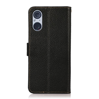 For Sony Xperia 5 V KHAZNEH Side-Magnetic Litchi Genuine Leather RFID Case(Black) - Sony Cases by buy2fix | Online Shopping UK | buy2fix
