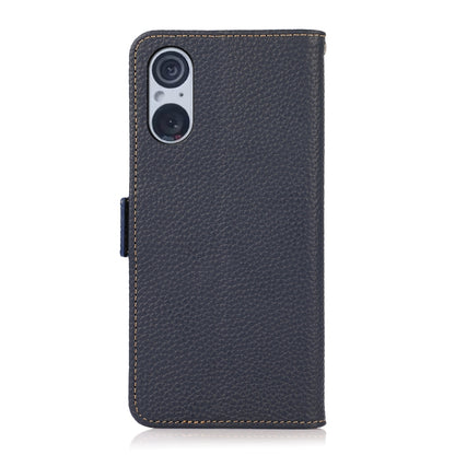 For Sony Xperia 5 V KHAZNEH Side-Magnetic Litchi Genuine Leather RFID Case(Blue) - Sony Cases by buy2fix | Online Shopping UK | buy2fix
