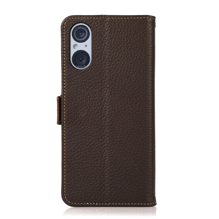 For Sony Xperia 5 V KHAZNEH Side-Magnetic Litchi Genuine Leather RFID Case(Brown) - Sony Cases by buy2fix | Online Shopping UK | buy2fix