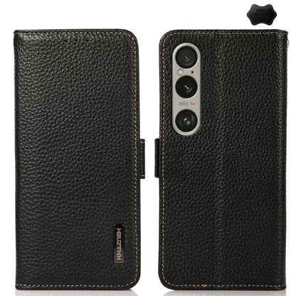 For Sony Xperia 1 VI KHAZNEH Side-Magnetic Litchi Genuine Leather RFID Case(Black) - Sony Cases by buy2fix | Online Shopping UK | buy2fix