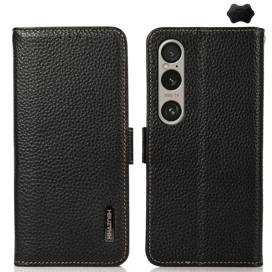 For Sony Xperia 1 VI KHAZNEH Side-Magnetic Litchi Genuine Leather RFID Case(Black) - Sony Cases by buy2fix | Online Shopping UK | buy2fix