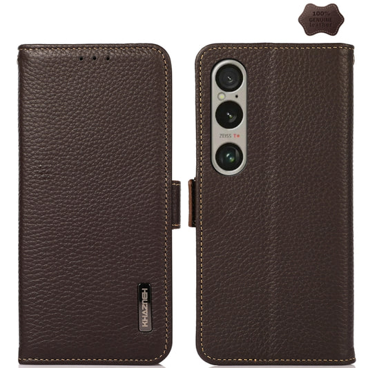 For Sony Xperia 1 VI KHAZNEH Side-Magnetic Litchi Genuine Leather RFID Case(Brown) - Sony Cases by buy2fix | Online Shopping UK | buy2fix