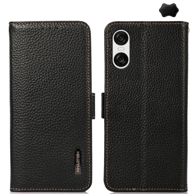 For Sony Xperia 10 VI KHAZNEH Side-Magnetic Litchi Genuine Leather RFID Case(Black) - Sony Cases by buy2fix | Online Shopping UK | buy2fix