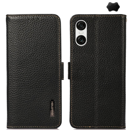 For Sony Xperia 10 VI KHAZNEH Side-Magnetic Litchi Genuine Leather RFID Case(Black) - Sony Cases by buy2fix | Online Shopping UK | buy2fix
