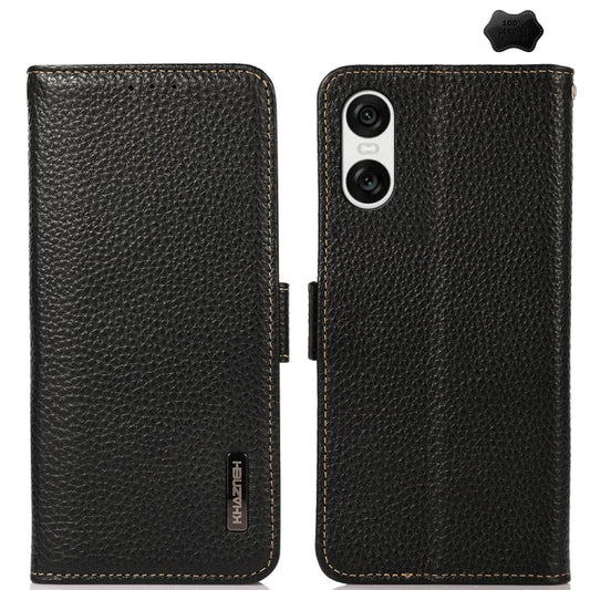 For Sony Xperia 10 VI KHAZNEH Side-Magnetic Litchi Genuine Leather RFID Case(Black) - Sony Cases by buy2fix | Online Shopping UK | buy2fix