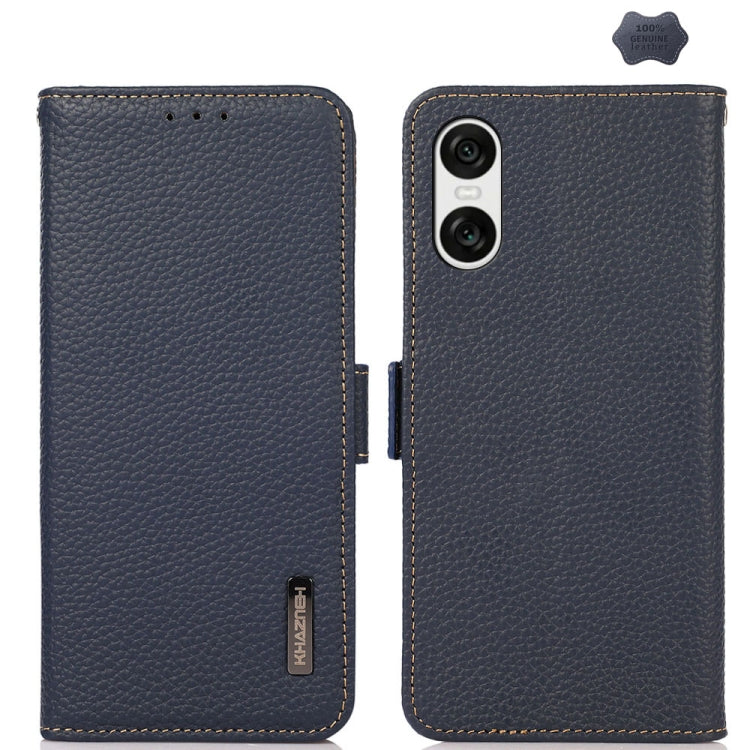 For Sony Xperia 10 VI KHAZNEH Side-Magnetic Litchi Genuine Leather RFID Case(Blue) - Sony Cases by buy2fix | Online Shopping UK | buy2fix