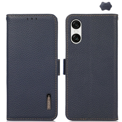For Sony Xperia 10 VI KHAZNEH Side-Magnetic Litchi Genuine Leather RFID Case(Blue) - Sony Cases by buy2fix | Online Shopping UK | buy2fix