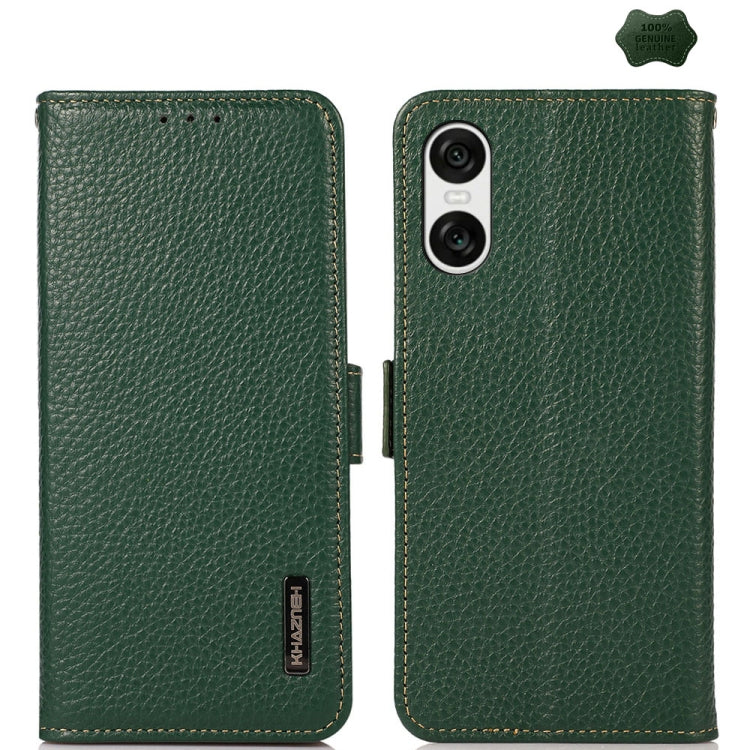 For Sony Xperia 10 VI KHAZNEH Side-Magnetic Litchi Genuine Leather RFID Case(Green) - Sony Cases by buy2fix | Online Shopping UK | buy2fix