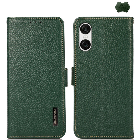 For Sony Xperia 10 VI KHAZNEH Side-Magnetic Litchi Genuine Leather RFID Case(Green) - Sony Cases by buy2fix | Online Shopping UK | buy2fix