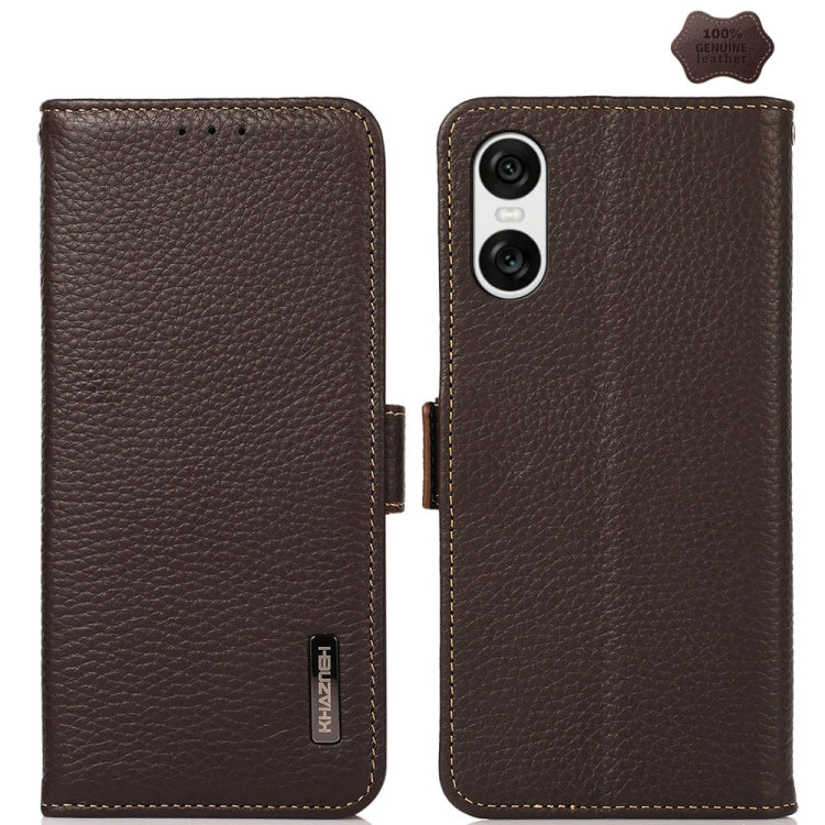 For Sony Xperia 10 VI KHAZNEH Side-Magnetic Litchi Genuine Leather RFID Case(Brown) - Sony Cases by buy2fix | Online Shopping UK | buy2fix