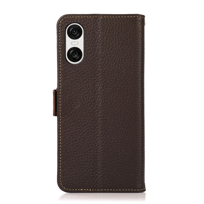 For Sony Xperia 10 VI KHAZNEH Side-Magnetic Litchi Genuine Leather RFID Case(Brown) - Sony Cases by buy2fix | Online Shopping UK | buy2fix