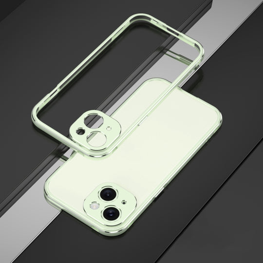 For iPhone 15 Aurora Series Lens Protector + Metal Frame Phone Case(Green Silver)