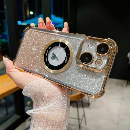 For iPhone 14 Plus 6D Electroplating Gradient Glitter Armor Magsafe Phone Case(Gold) by buy2fix