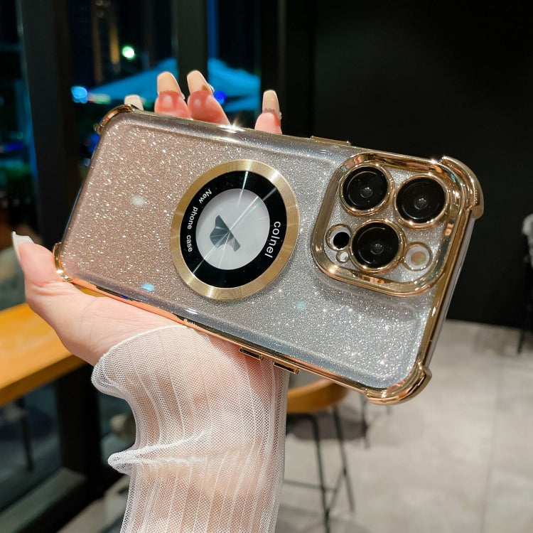For iPhone 14 Pro 6D Electroplating Gradient Glitter Armor Magsafe Phone Case(Gold) by buy2fix