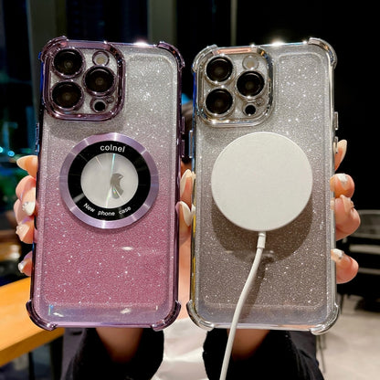 For iPhone 14 Pro 6D Electroplating Gradient Glitter Armor Magsafe Phone Case(Silver) by buy2fix