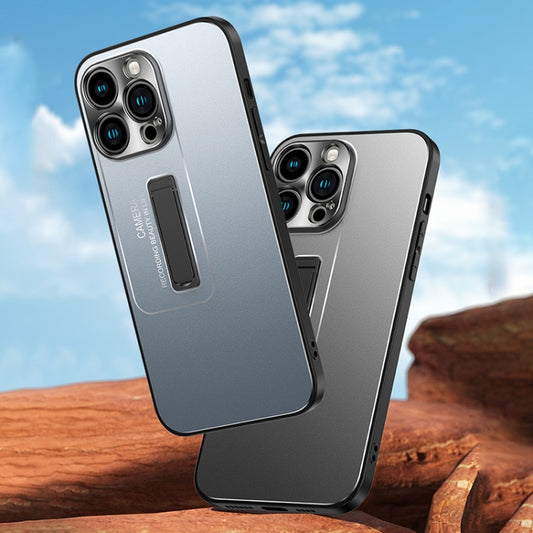 For iPhone 16 Frosted Metal Hybrid TPU Holder Phone Case(Silver) by buy2fix