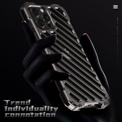 For iPhone 15 Plus R-JUST RJ-50 Hollow Breathable Armor Metal Phone Case(Space Grey) - iPhone 15 Plus Cases by R-JUST | Online Shopping UK | buy2fix