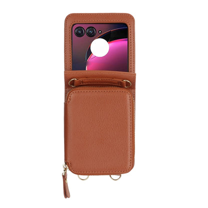 For Motorola Razr 40 Ultra Long and Short Lanyard Zipper Card Slot Foldable Phone Case(Brown) by buy2fix