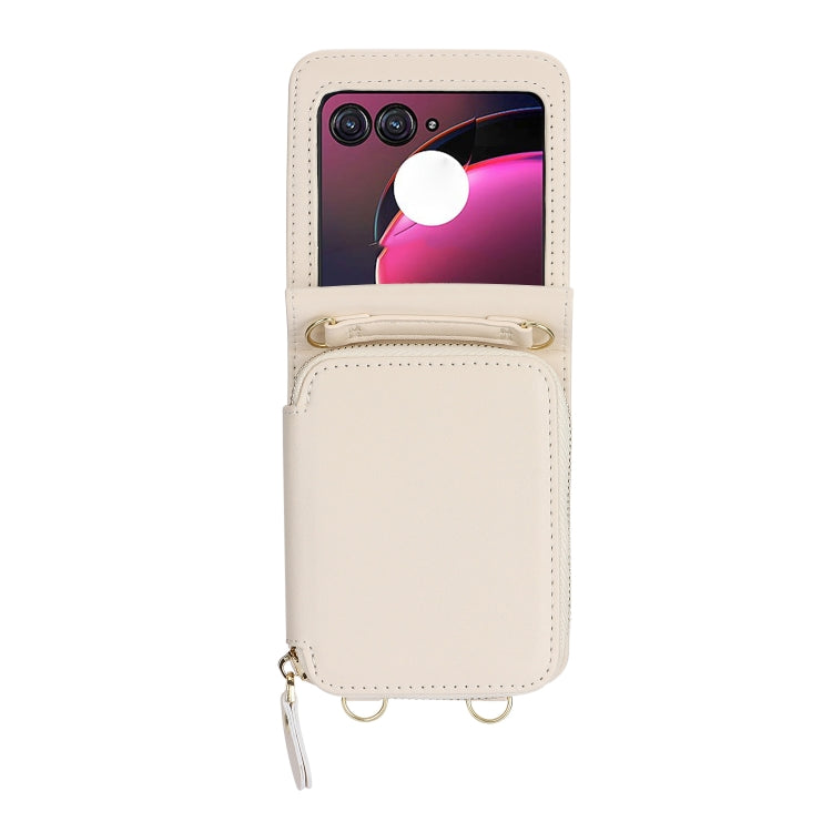For Motorola Razr 40 Ultra Long and Short Lanyard Zipper Card Slot Foldable Phone Case(Beige) by buy2fix