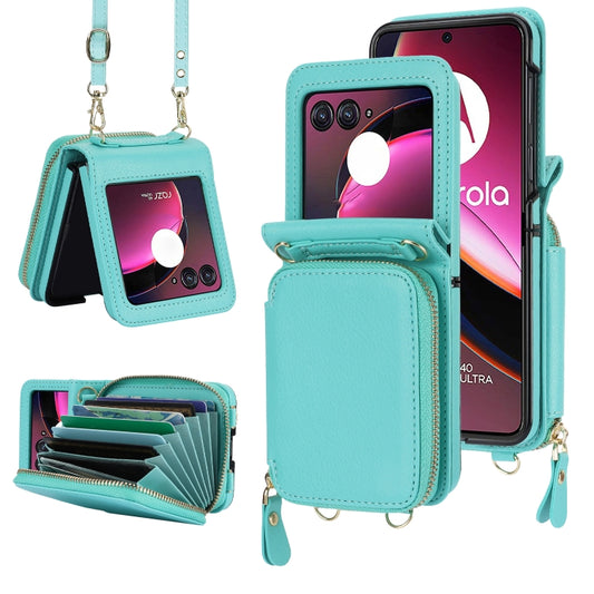 For Motorola Razr 40 Ultra Long and Short Lanyard Zipper Card Slot Foldable Phone Case(Mint Green) by buy2fix