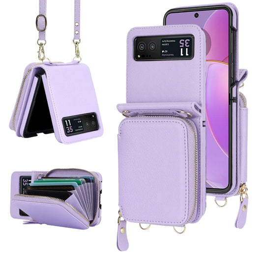 For Motorola Razr 40 Long and Short Lanyard Zipper Card Slot Foldable Phone Case(Purple) by buy2fix