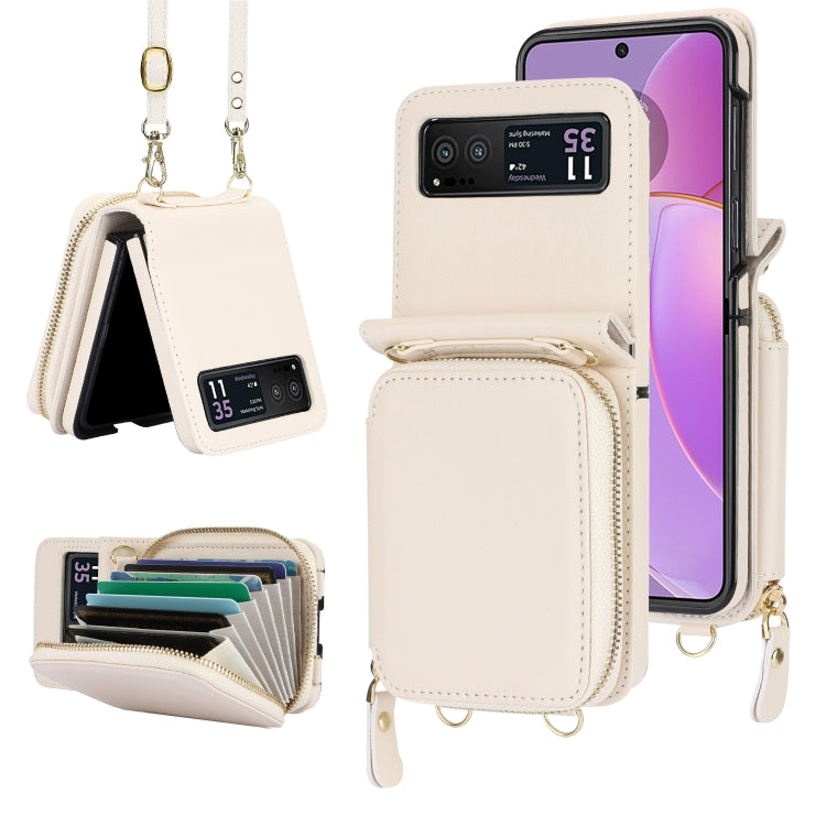 For Motorola Razr 40 Long and Short Lanyard Zipper Card Slot Foldable Phone Case(Beige) by buy2fix