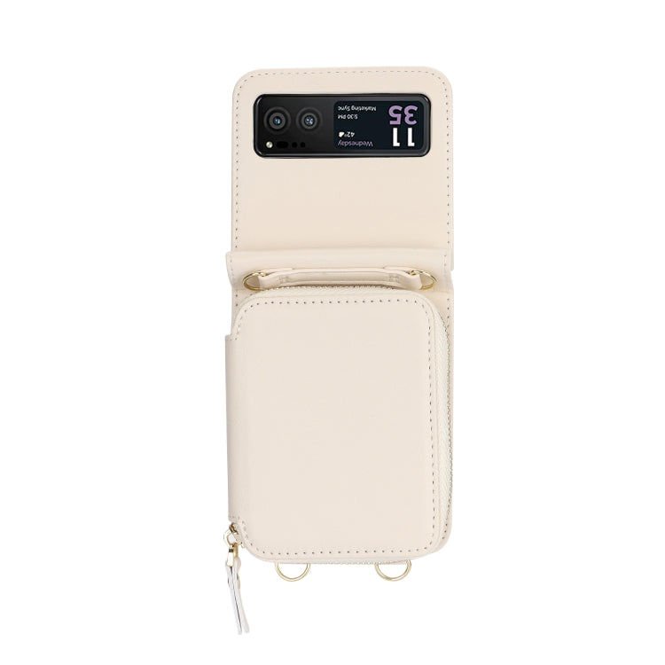For Motorola Razr 40 Long and Short Lanyard Zipper Card Slot Foldable Phone Case(Beige) by buy2fix