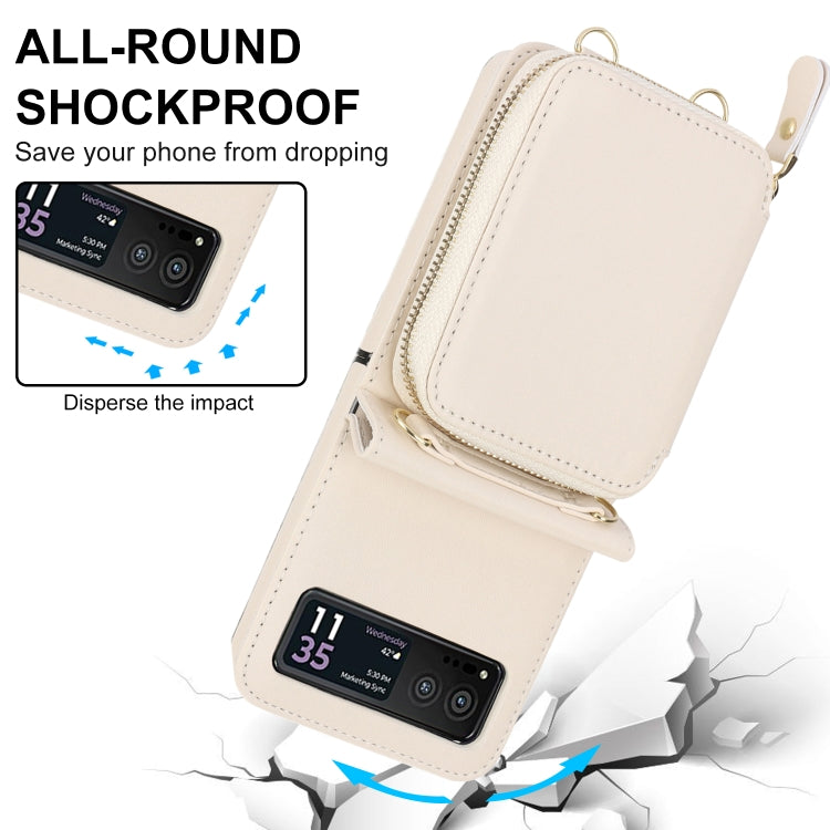 For Motorola Razr 40 Long and Short Lanyard Zipper Card Slot Foldable Phone Case(Beige) by buy2fix