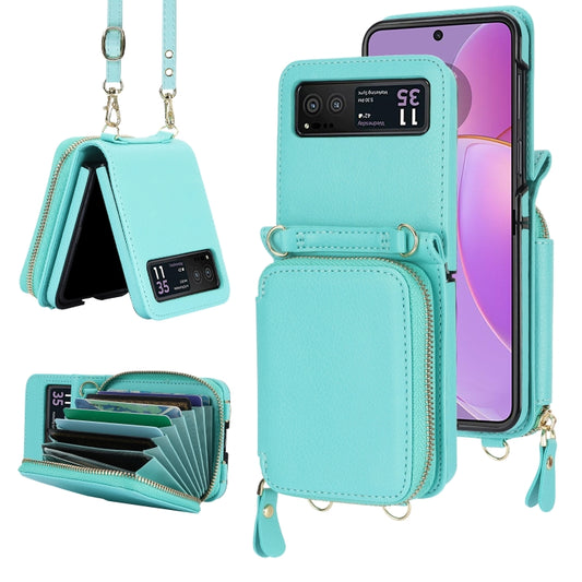 For Motorola Razr 40 Long and Short Lanyard Zipper Card Slot Foldable Phone Case(Mint Green) by buy2fix